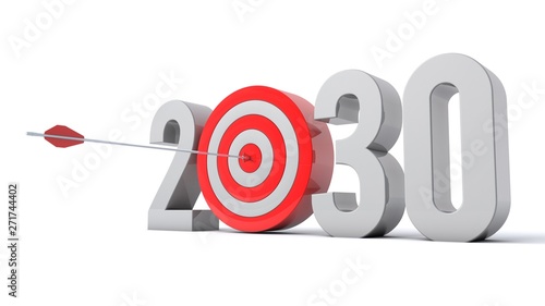 3D illustration of number 2030 with target concept