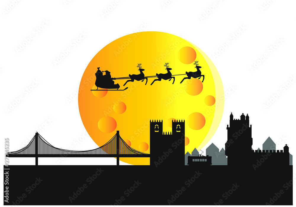 santa claus flying over skyline of lisbon city in portugal