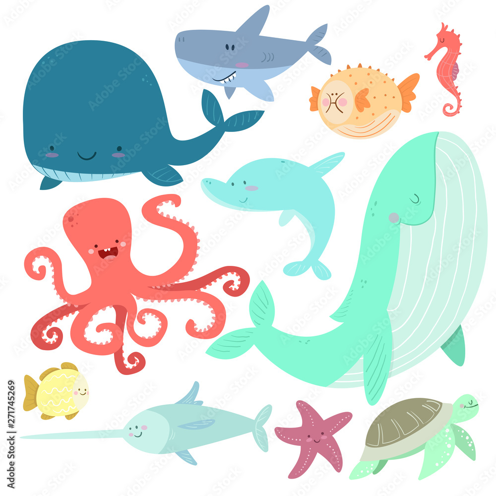 Obraz premium Sea life set. Hand drawn whale, puffer fish, sea horse, dolphin, swordfish, turtle, fish, octopus, shark, starfish. Vector illustration collection. - Vector