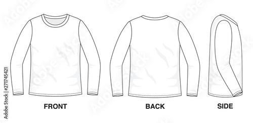 Isolated object of clothes and fashion stylish wear fill in blank shirt sweater. Regular Tee Crew Neck Tee Long Sleeves Illustration Vector Template. Front, back and side view
