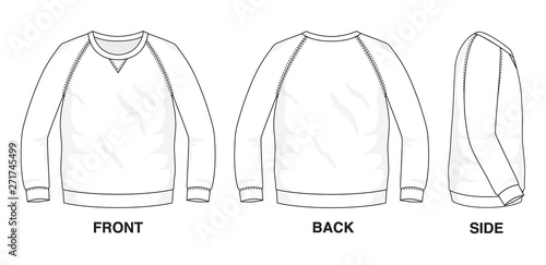 Isolated object of clothes and fashion stylish wear fill in blank shirt sweater. Regular Tee Crew Neck Ragland Tee Long Sleeves Illustration Vector Template. Front, back and side view