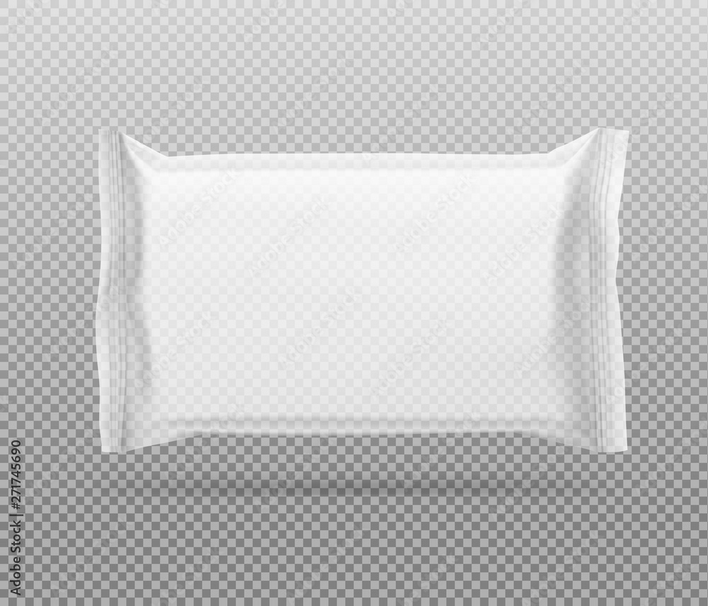 Realistic transparent flow pack mockup. Front view. Vector illustration isolated on white background. Easy to use for presentation your product, idea, design. EPS10. Realistic transparent flow pack mockup. Front view. Vector illustration isolated on white background. Easy to use for presentation your product, idea, design. EPS10.