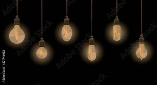 Vector illustration. Set of glowing light bulbs in vintage style on dark background
