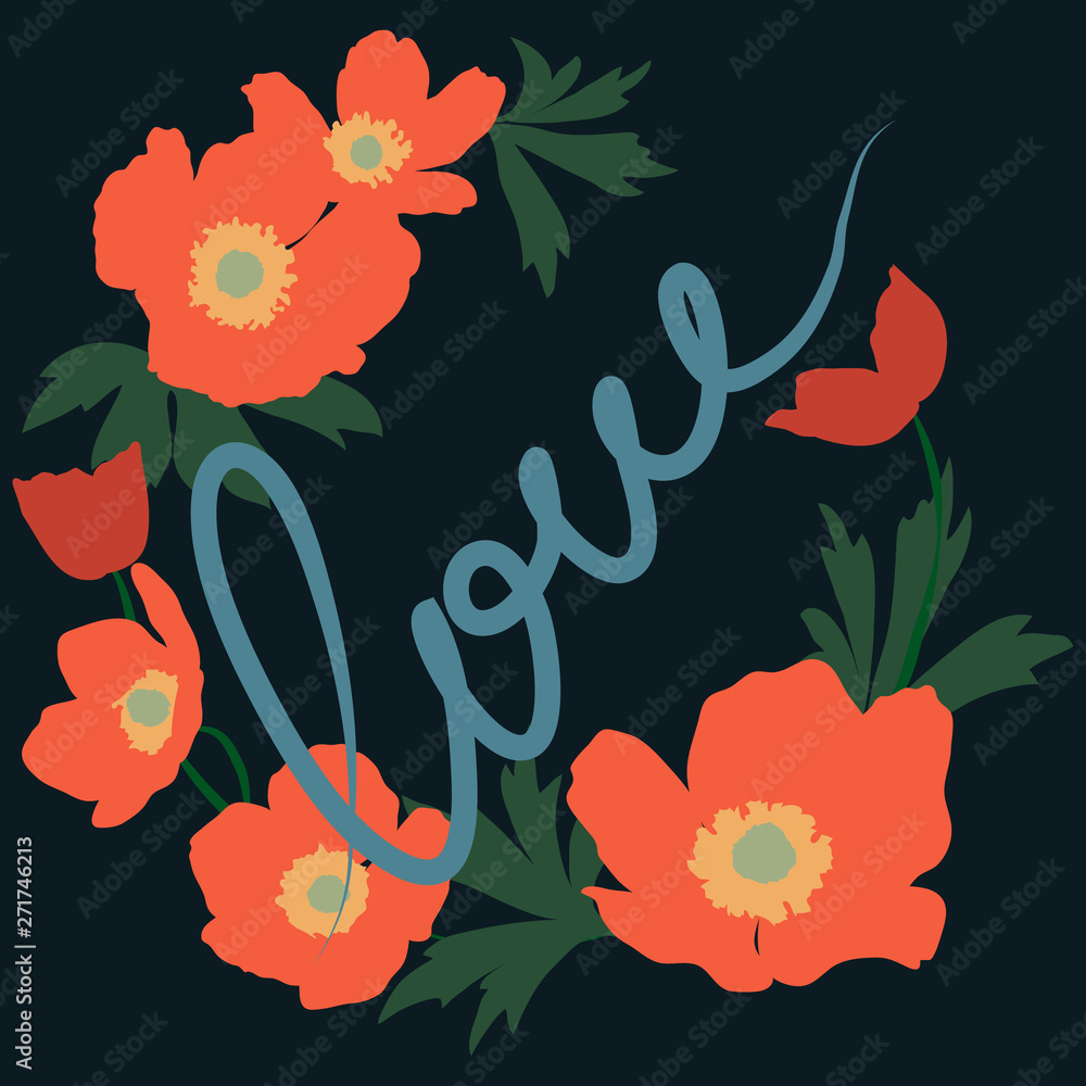 Vector illustration of a wreath of red poppies on dark blue background and lettering in handwritten style
