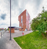 WROCLAW, POLAND - JUNE 01, 2019: Siechnice City Center (near Wroclaw, Poland) with modern City Hall. Architects of this urban project: Mackow Pracownia Projektowa.