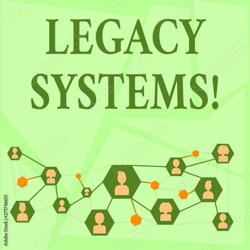 Writing note showing Legacy Systems. Business concept for old method technology computer system or application program Chat icons with Avatar Connecting Lines for Networking Idea photo