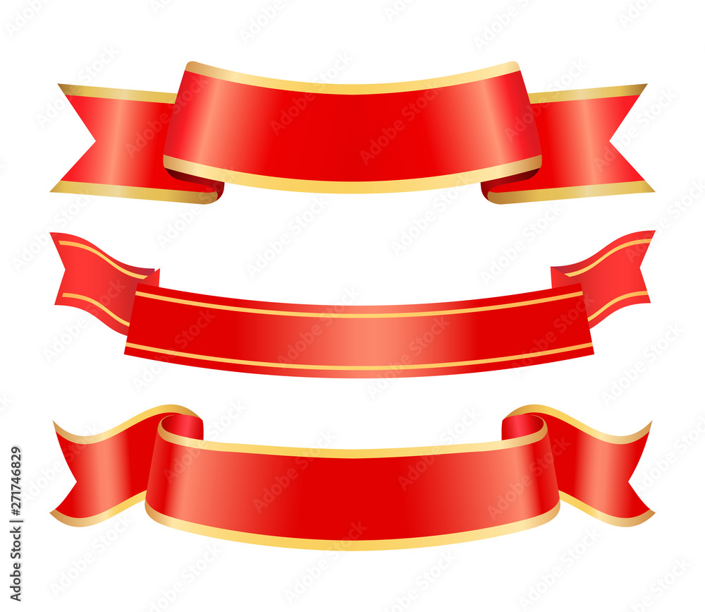 Red stripes with empty place vector, set of isolated banners for text with curved edges, graphic blank tapes made of silk, curly shapes with frames Red stripes with empty place vector, set of isolated banners for text with curved edges, graphic blank tapes made of silk, curly shapes with frames