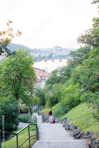 Old stone staircase in a park or forest overlooking the Vltava in Prague, Czech Republic