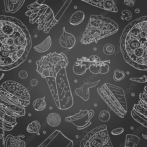 Seamless pattern with different fast food elements on chalkboard.