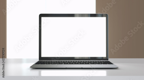Modern laptop computer on a white table, mockup. 3D illustration.