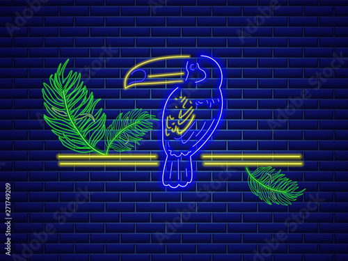 Parrot neon Vector. Glowing shiny colorful bird decor. Banner templates