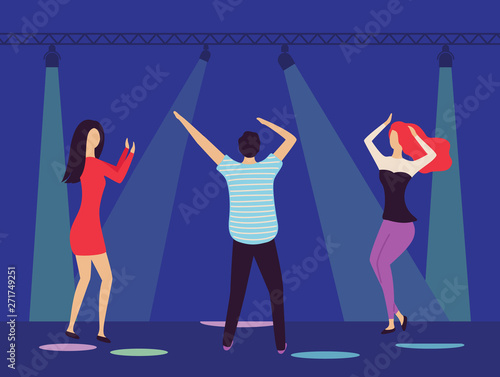 Partying man and woman vector, people in club dancing with loud music, spotlights and lights on stage, clubbers relaxing in nightclub active dancers