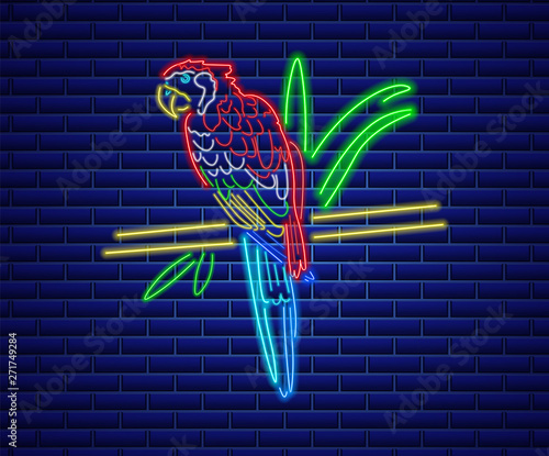 Parrot neon Vector. Glowing shiny colorful bird decor. Banner templates