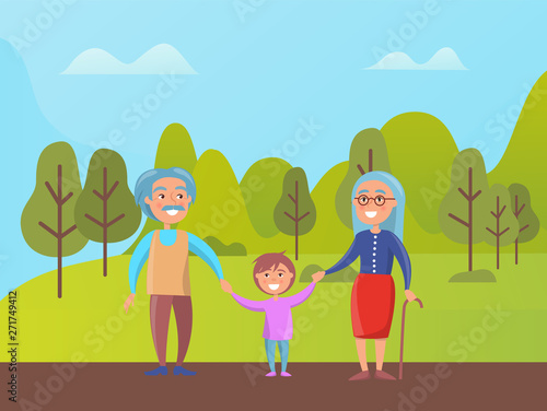 Grandparents walking in green park with grandson vector elderly people and boy. Senior grandmother and grandfather on retirement with kid in spring forest