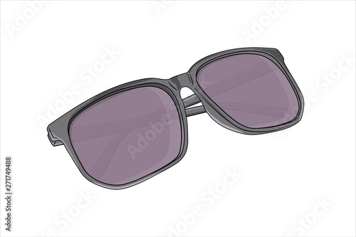 One dark sunglasses with black plastic frame drawn in cartoon style isolated on white background