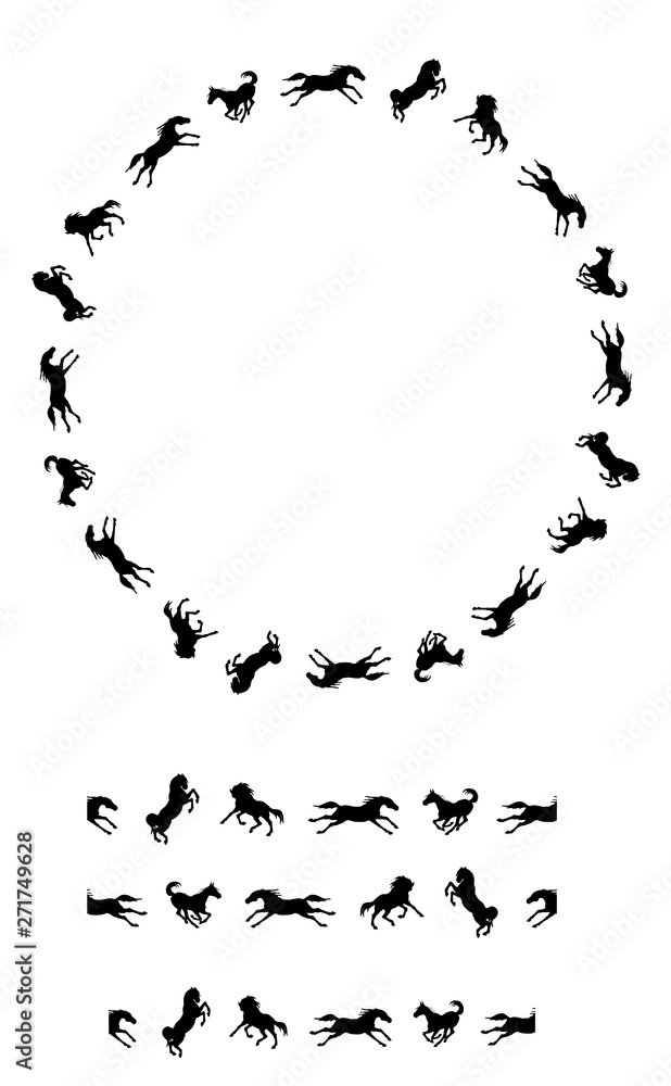 Obraz premium a wreath of vector isolated silhouettes of black horses galloping on a white background