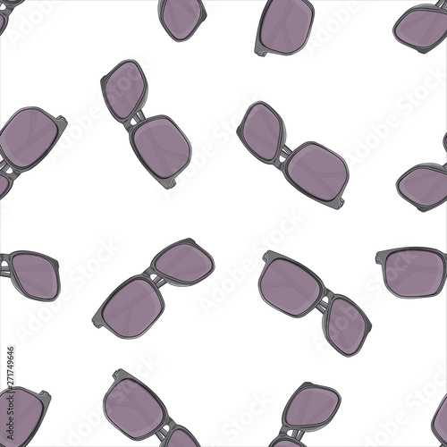 Rows of dark sunglasses with black plastic frame drawn in cartoon style isolated on white background. Seamless pattern