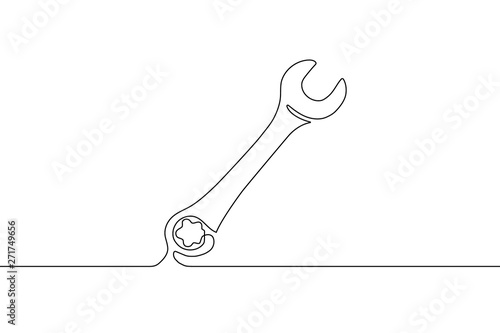 One mechanical wrench for nuts drawn in one continuous line black color isolated on white background. Style of self drawing