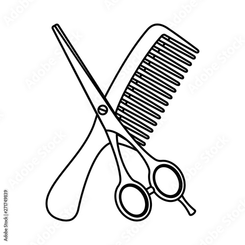 Line art black and white comb and scissors