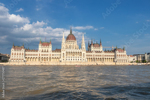 View of the Hungarian Parliament Building on the bank of the Danube from a cruising boat in Budapest.