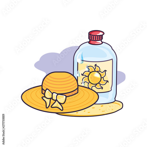 solar blocker bottle in the beach with hat female wicker