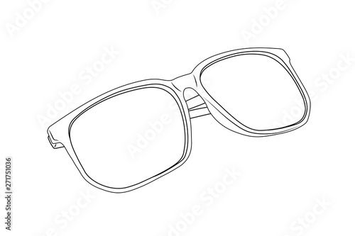 Contour of one sunglasses with black plastic frame drawn in outline style isolated on white background