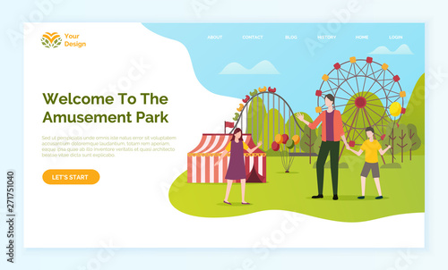 Welcome to amusement park vector, man with kids having fun. Family standing by ferris wheel, and stripped tent, balloons and carousel. Website or webpage template, landing page flat style