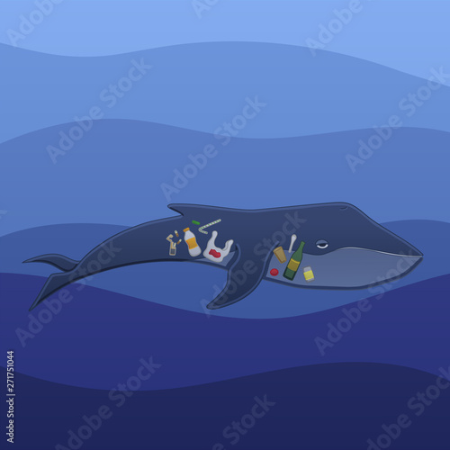 Whale with trash inside under the water