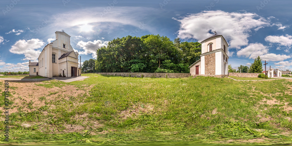Full seamless hdri panorama 360 degrees angle view facade of church in decorative medieval gothic and baroque style architecture wirh bell tower in equirectangular spherical projection. vr content