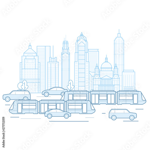 City traffic - downtown cityscape with public transport, megapolis