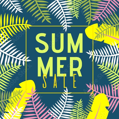 Summer Sale Banner with Flat Exotic Jungle Plants