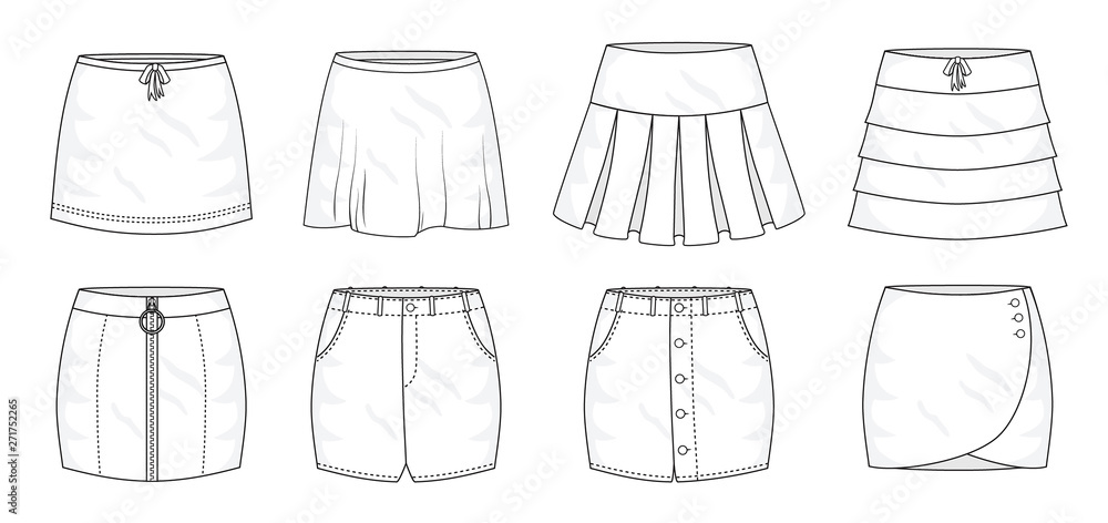 Set of summer sprint mini skirts and fashion stylish skirts collection template, fill in the blank apparal tops bottoms various styles. Bow tie, pleated, layered, zipped, jeans, buttons wrap and loose Set of summer sprint mini skirts and fashion stylish skirts collection template, fill in the blank apparal tops bottoms various styles. Bow tie, pleated, layered, zipped, jeans, buttons wrap and loose
