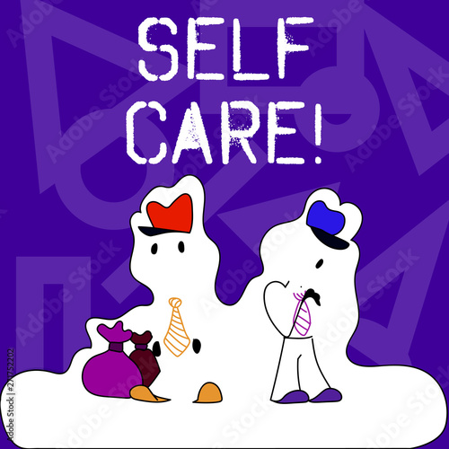 Conceptual hand writing showing Self Care. Concept meaning practice of taking action preserve or improve ones own health Figure of Two Men Standing with Pouch Bag White Snow Effect