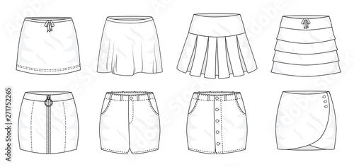 Set of summer sprint mini skirts and fashion stylish skirts collection template, fill in the blank apparal tops bottoms various styles. Bow tie, pleated, layered, zipped, jeans, buttons wrap and loose