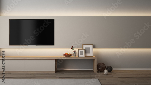 Foto Built in TV wall cabinet with indirect lighting rattan ball, picture frame, flow