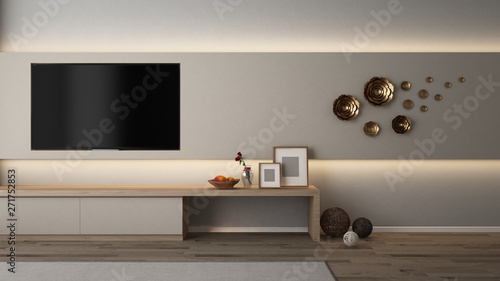 Built in TV wall cabinet with indirect lighting,gold flower, rattan ball, picture frame, flower and fruits - 3D rendering photo