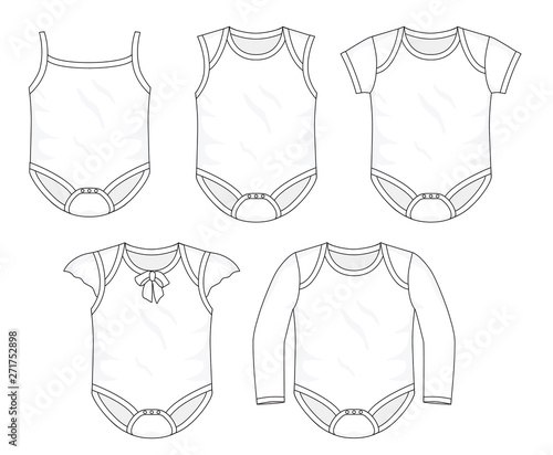Set of baby rompers and fashion stylish  collection template, fill in the blank  tops bottoms various styles. Childres toddlers, sleeves and sleeveless vector outline