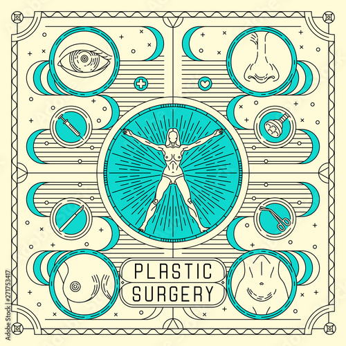 Vector flat, outline design poster for plastic surgery. Ads for Aesthetic Clinic with woman body, eye, nose, breast, belly. Linear card: surgery equipment and body part isolated on yellow and blue.