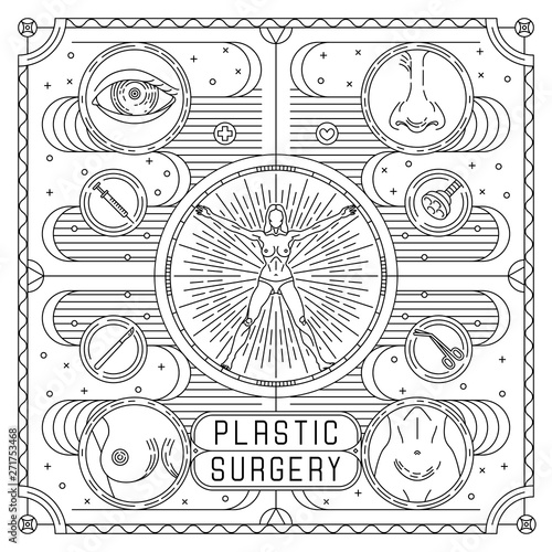 Vector flat, outline black and white design poster for plastic surgery. Ads for Aesthetic Clinic with woman body, eye, nose, breast, belly. Linear card: surgery equipment and body part isolated