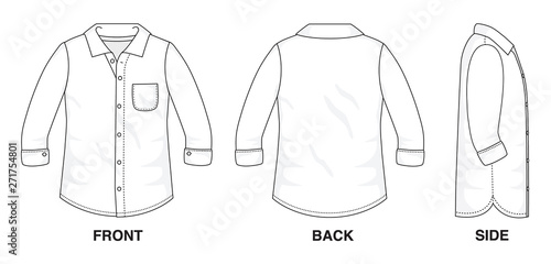 Isolated Button up Blouse object of clothes and fashion stylish wear fill in blank shirt. Regular 1 Pocket Polo Neck Long Sleeves Illustration Vector Template. Front, back and side view