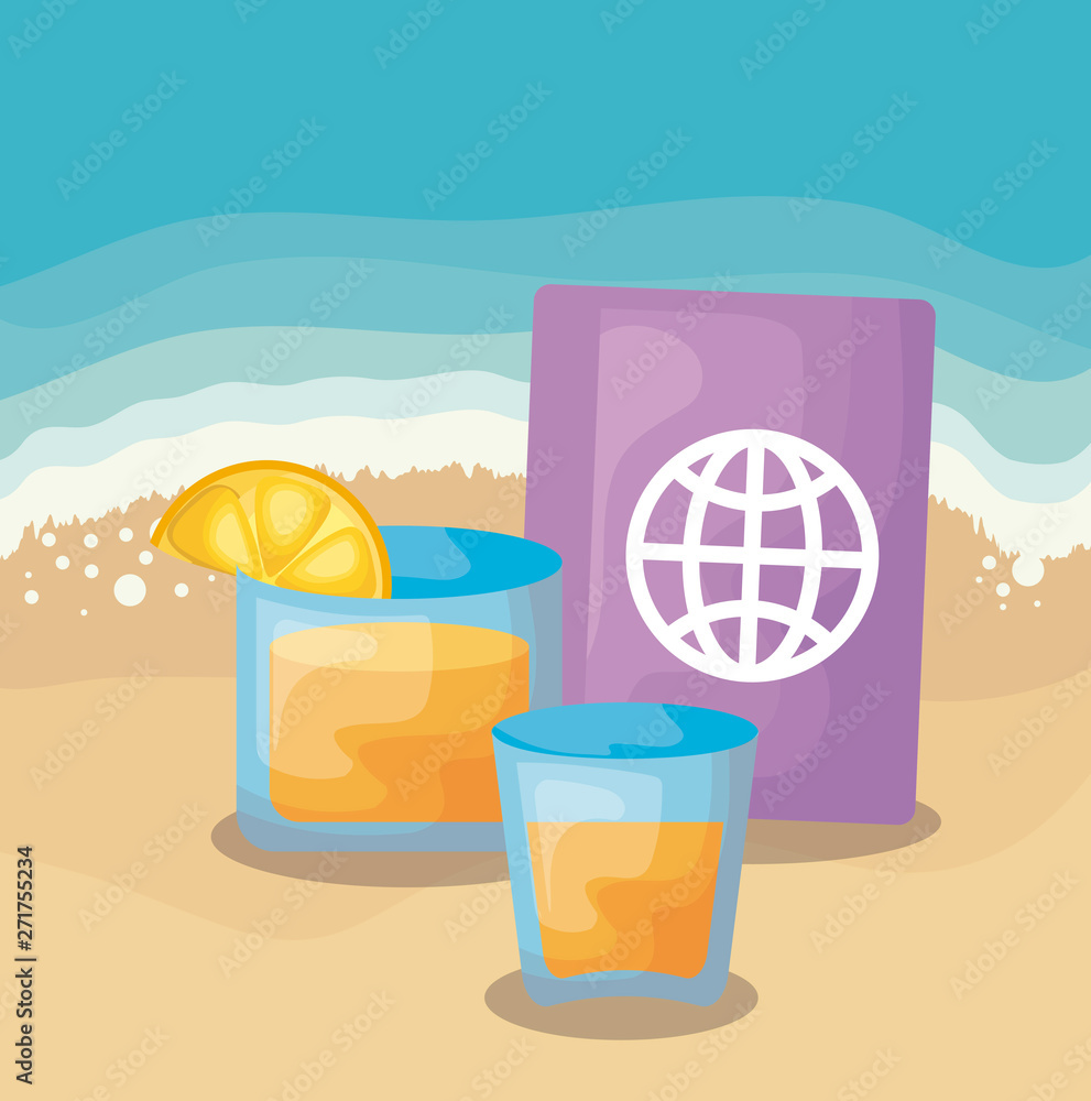 summer beach scene with passport and cocktail