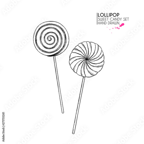Hand drawn set of sweet candies. Twisted caramel lollipops. Vector food icons. Use for restaurant, menu, party decorating, flyer, banner. Sugar Halloween dessert.