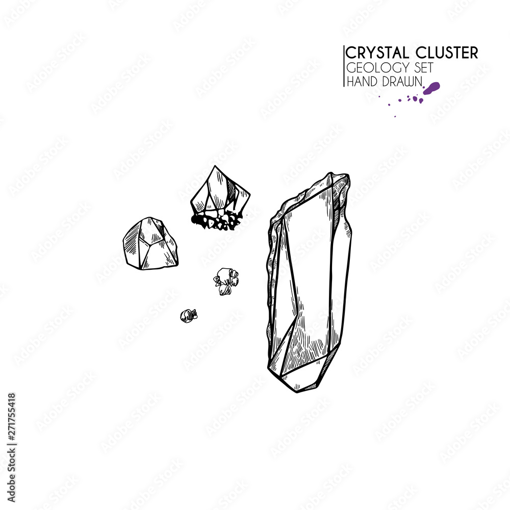 Hand drawn crystal cluster. Vector mineral illustration. Amethyst or quartz stone. Isolated natural gem. Geology set. Use for decoration, flyer, banner, halloween, wedding, witch stuff. Hand drawn crystal cluster. Vector mineral illustration. Amethyst or quartz stone. Isolated natural gem. Geology set. Use for decoration, flyer, banner, halloween, wedding, witch stuff.