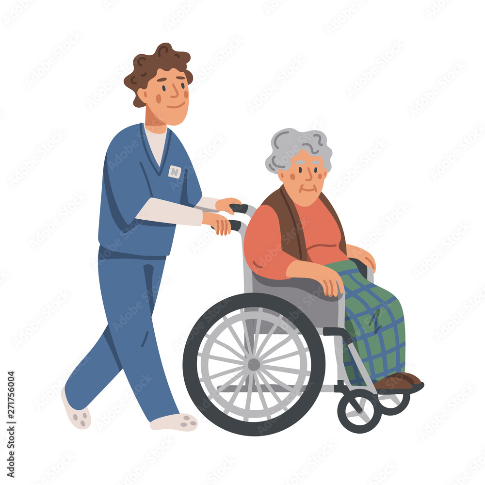 Elderly woman in wheelchair and male nurse on white background. Social worker walking with grandmother in a wheelchair. Nursing home. Senior people flat Vector illustration. Elderly woman in wheelchair and male nurse on white background. Social worker walking with grandmother in a wheelchair. Nursing home. Senior people flat Vector illustration.