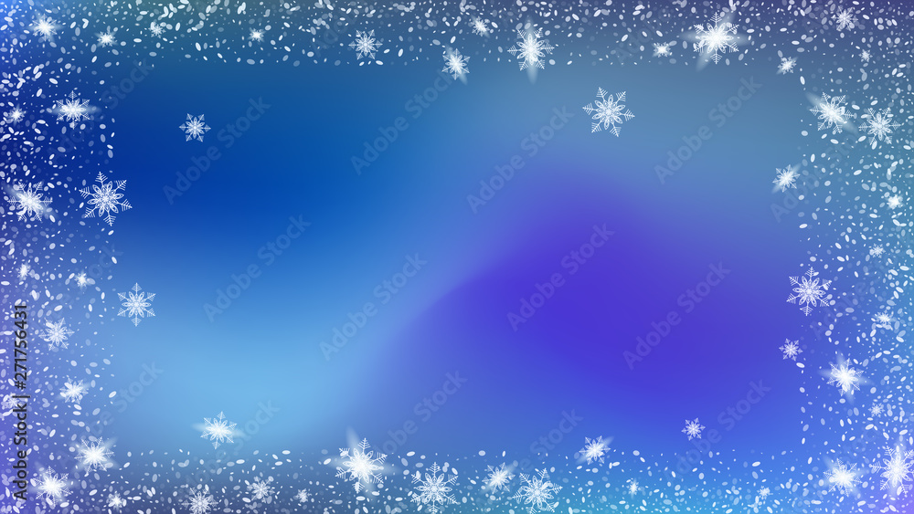 Glitter snowflakes background. Holiday frame for New Year greetings. Bbright, White, Shimmer, Glowing, Scatter, Falling on a Blue background. Glitter snowflakes background. Holiday frame for New Year greetings. Bbright, White, Shimmer, Glowing, Scatter, Falling on a Blue background.