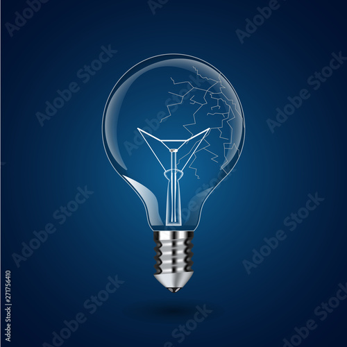 Illustration of a realistic light bulb with cracks. Glass light bulb on blue background. Broken light bulb.