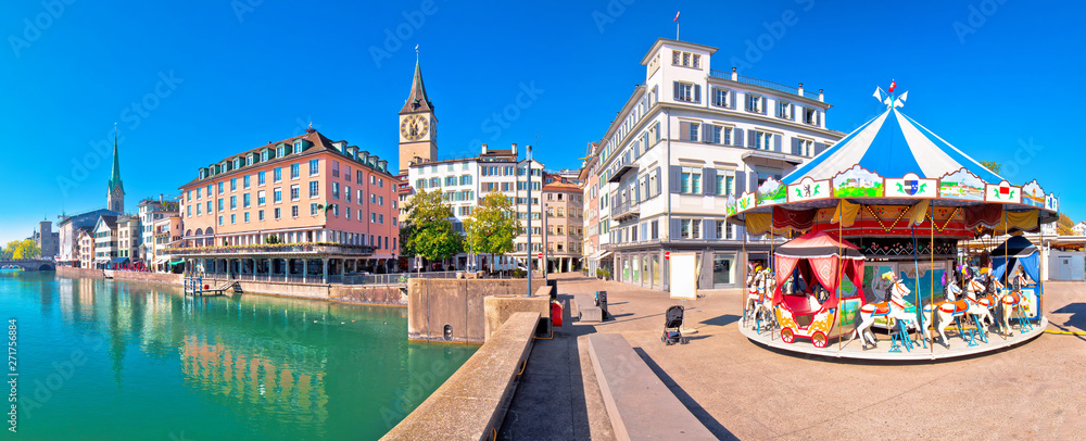 Zurich and Limmat river waterfront colorful panorama