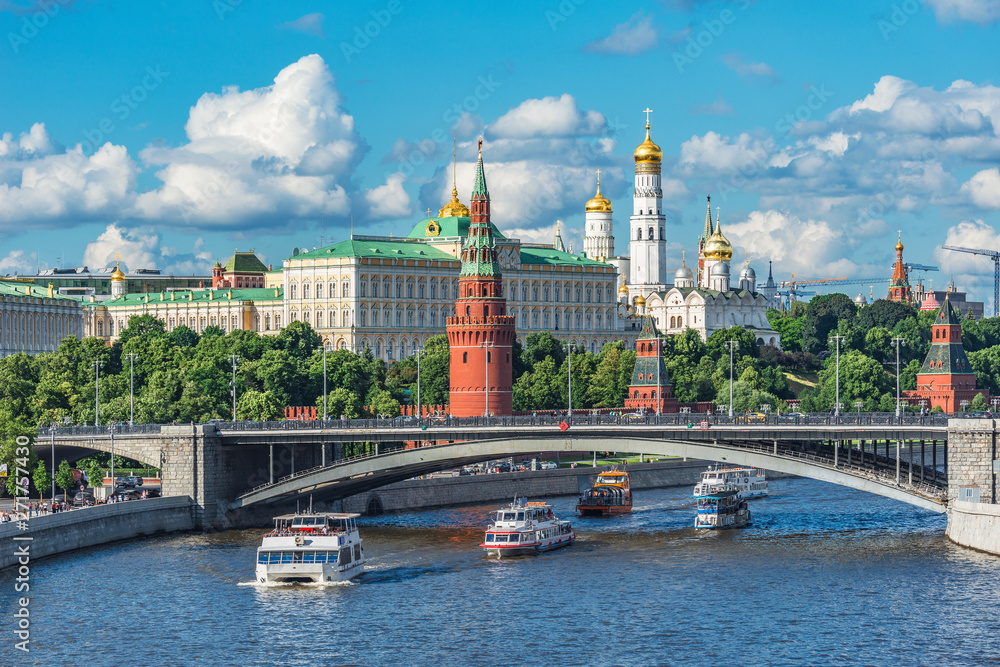 Summer view of the churches of Kremlin by Moscow river.