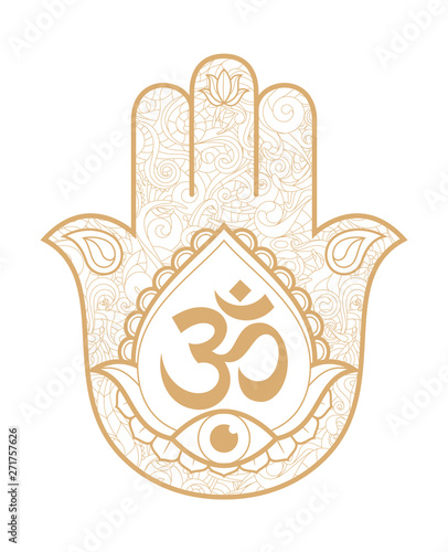 Indian hand Hamsa or hand of Fatima with third eye and logo Om. Hand drawn