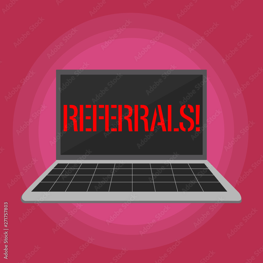 Text sign showing Referrals. Business photo text Act of referring someone or something for consultation review Laptop with Grid Design Keyboard and Blank Black Screen on Pastel Backdrop Text sign showing Referrals. Business photo text Act of referring someone or something for consultation review Laptop with Grid Design Keyboard and Blank Black Screen on Pastel Backdrop